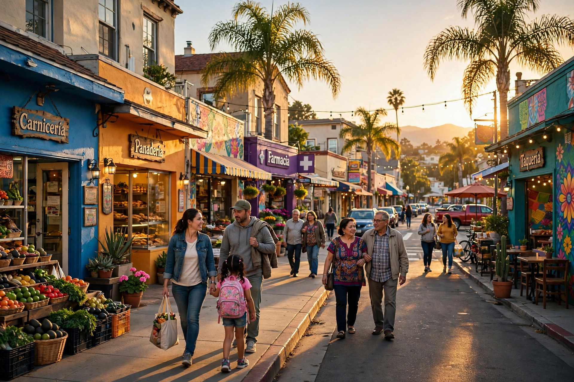 Comunidad hispana en una calle comercial de San Diego al atardecer